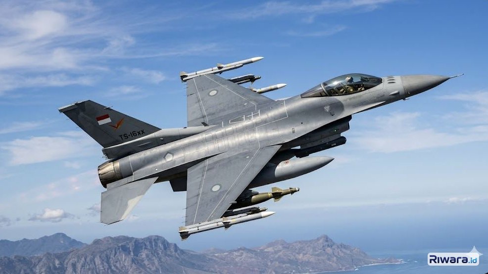 Ilustrasi pesawat tempur F-16 Fighting Falcon TNI AU, dibuat dengan bantuan Gemini AI